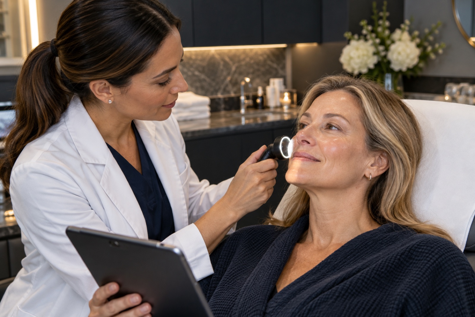 Adult discussing skin and scalp concerns with a medical skincare professional