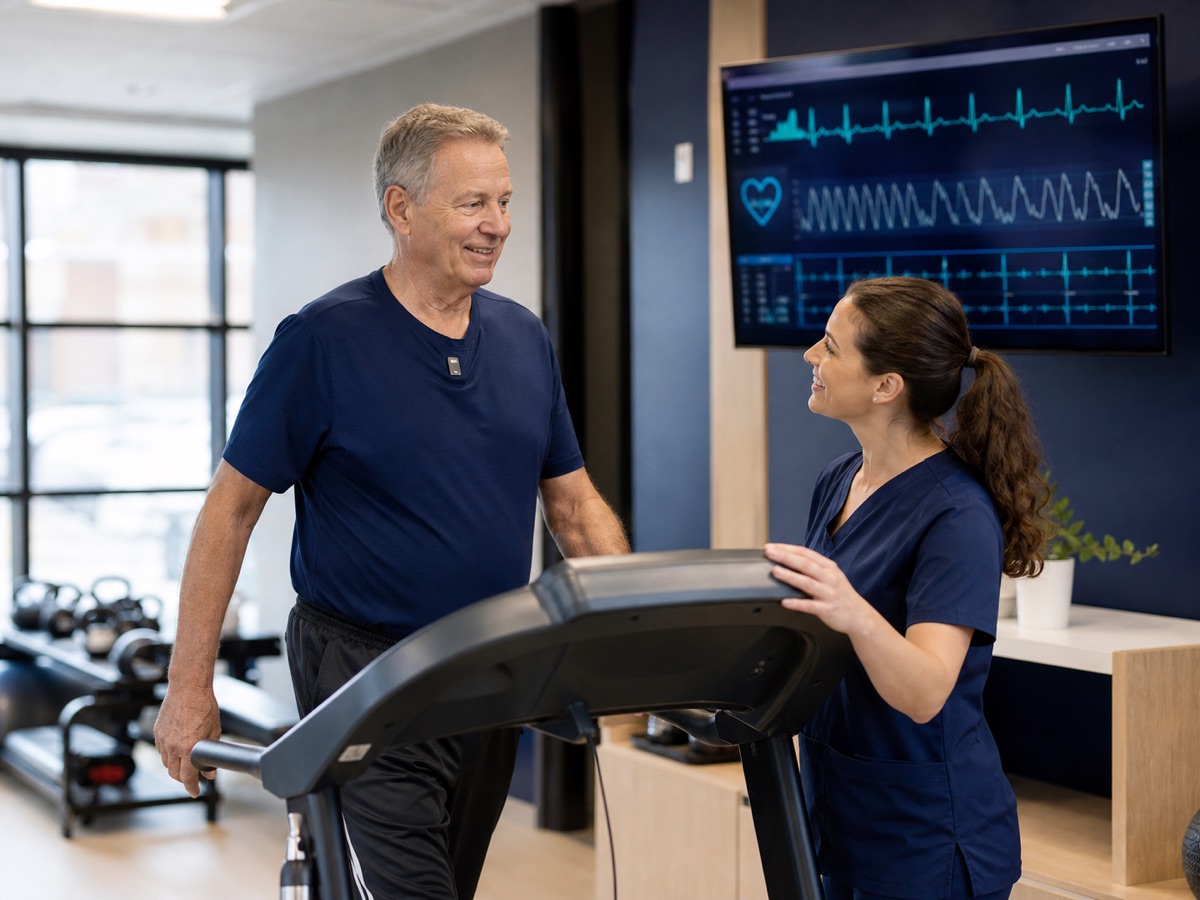 Clinician supervising a client during cardiovascular conditioning