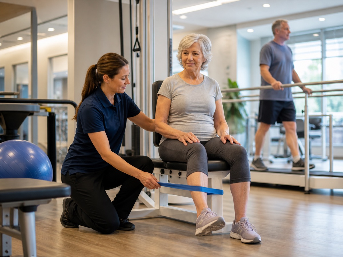 Rehabilitation aide guiding a client through a resistance exercise